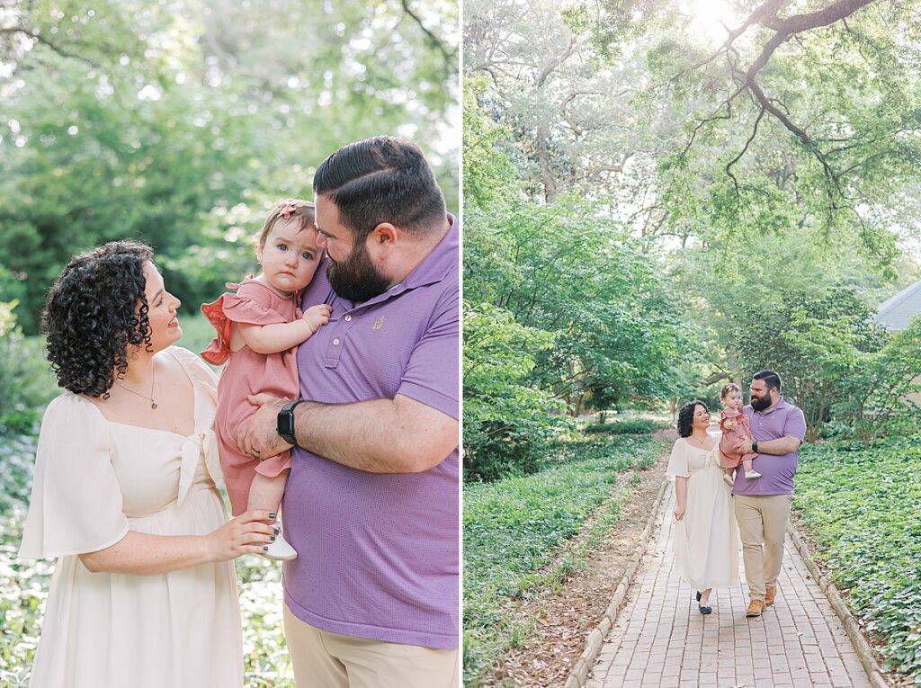 Augusta GA Family Photography - Parents snuggle their young daughter and walk together down a path in a garden