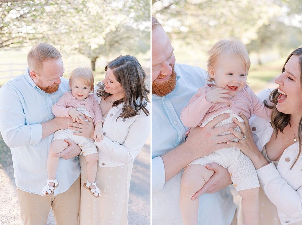 Augusta GA Family Photography - Parents hold daughter between them and she smiles, then they laugh together.