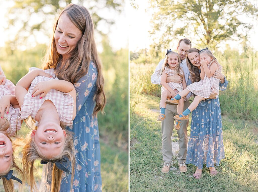 Augusta GA Family Photography - Mother laughs as she holds her daughter upside down. Family shares a hug and giggles together.