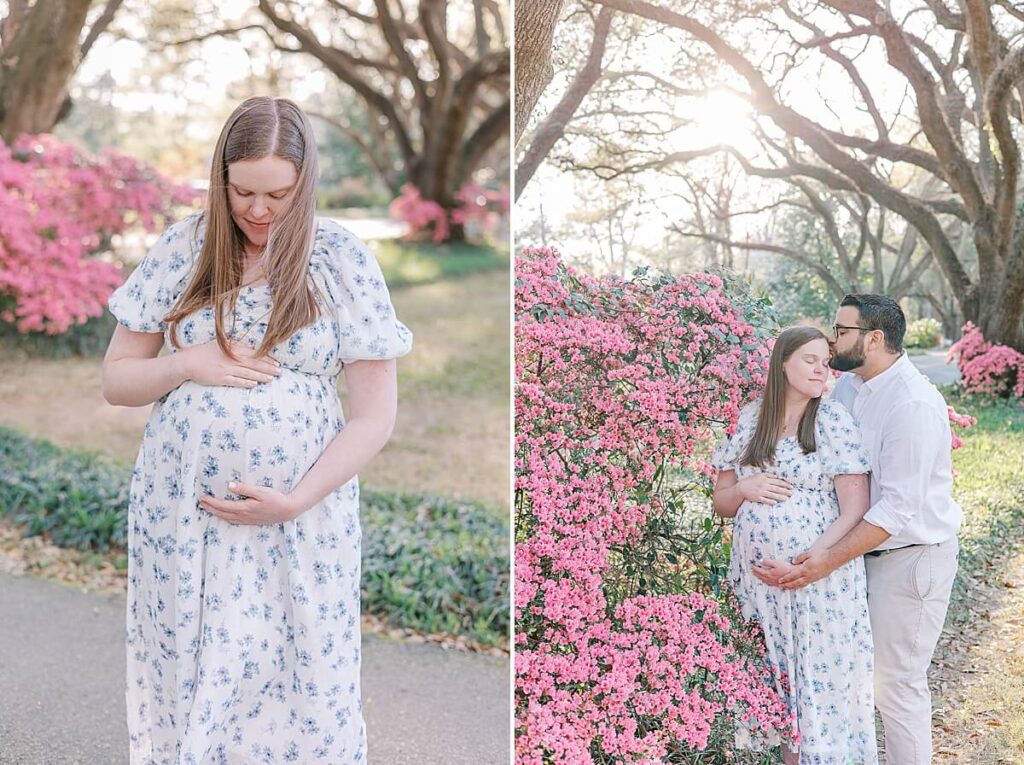 Augusta GA Maternity Photography - Pregnant mom looks down holding her bump; Father kisses expecting mother's forehead