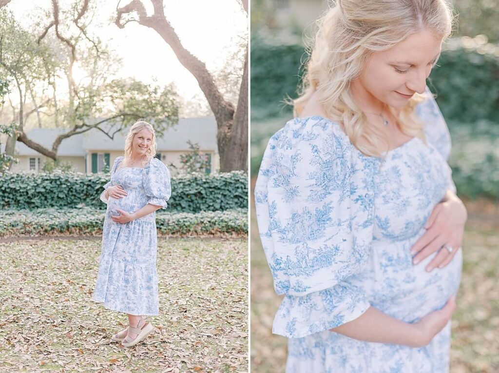 Augusta GA Maternity Photography - Expecting mom smiles holding her bump; Close-up of pregnant mom looking down at her belly