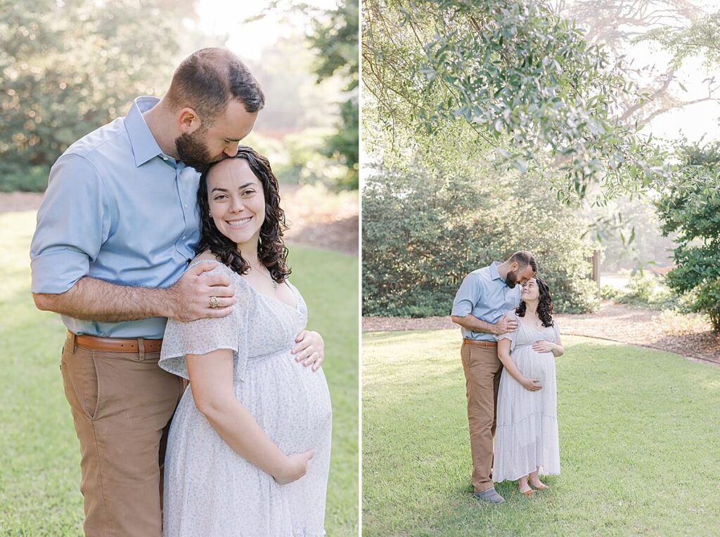 Augusta GA Maternity Photography - Couple touches foreheads looking at eachother; Man kisses top of woman's head while she smiles and holds her baby bump