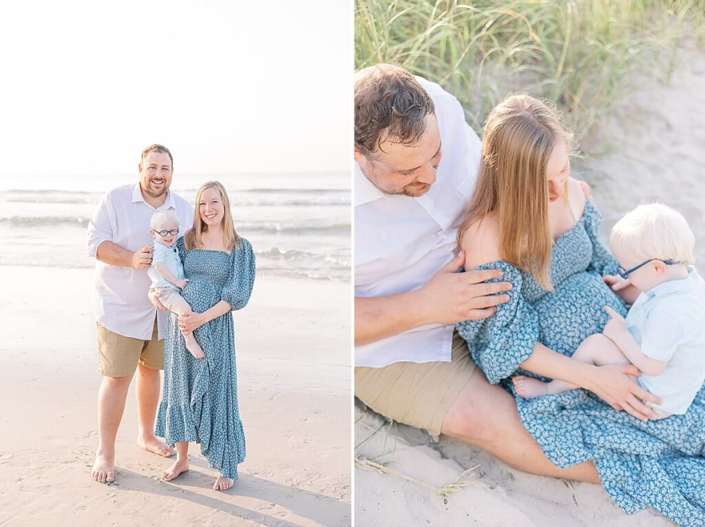 Augusta GA Maternity Photography - Family stands on beach smiling; Family sits on ground snuggled close while boy caresses mother's baby bump