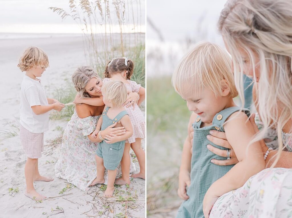 Evans GA Family Photographer - A mother is smiling, surrounded by her children. A mother smiles down at her son. 
