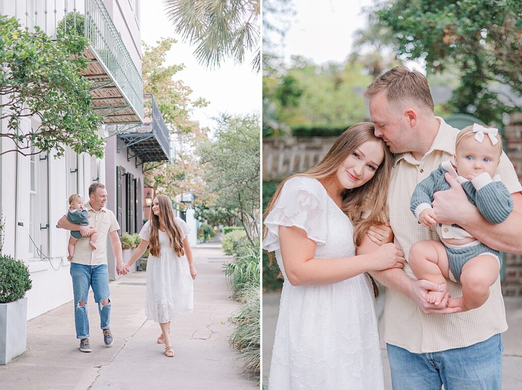 Augusta Photographer - Mom and dad walk together along a sidewalk holding hands. Dad holds his bay girl and leans into mom who's cuddled close and smiling.