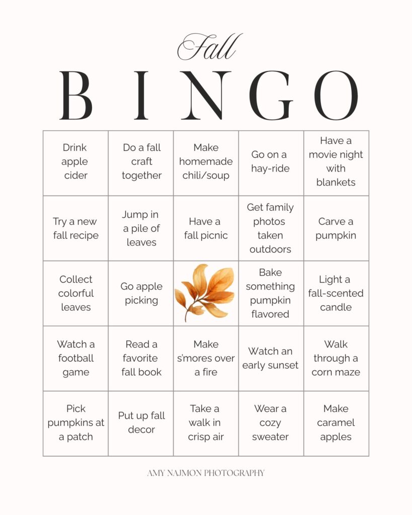 Augusta GA Fall Photographer - Image of a fall-themed bingo sheet to play together as a family,
