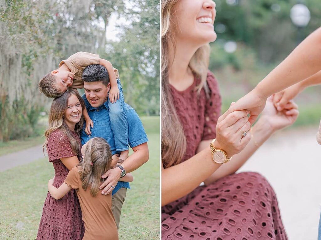 North Augusta Photographer - Family cuddles close together, and a mom holds her child's hands.